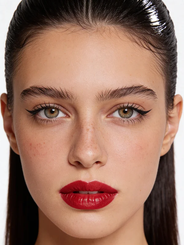 대칭 구도와 세련된 메이크업을 특징으로 하는 정면 AI 뷰티 인물 사진