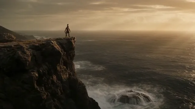A lone warrior stands above the sea on a dramatic rocky cliff at sunset.